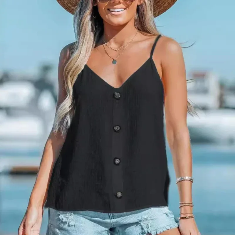 

Fashion Women's Tops Summer Beach Camisole V-Neck Button Casual Loose Comfortable Breathable Textured 2024 Female Trendy Blouse