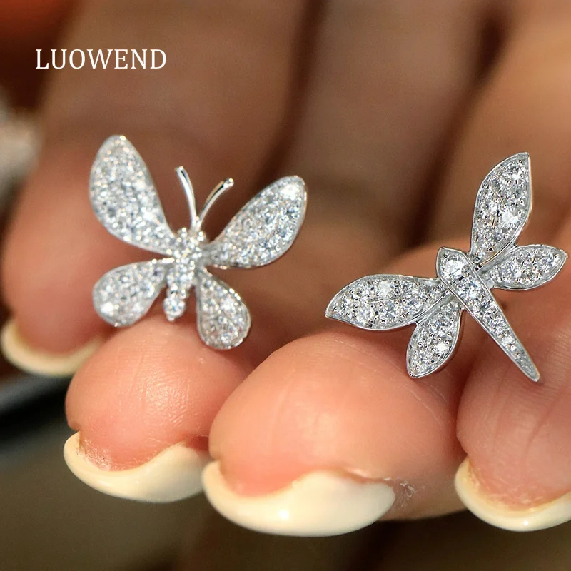 LUOWEND 100% 18K White Gold Earrings Romantic Insect Shape Real Natural Diamond Stud Earrings for Women High Party Jewelry