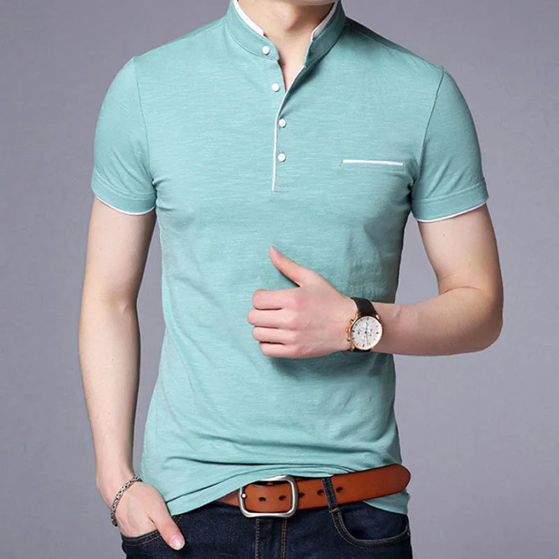 Spring Summer Male Clothes Stand Collar Pure Cotton Solid Color Slim Short Sleeve Male Shirt Basic Polo Business T-Shirt Tops