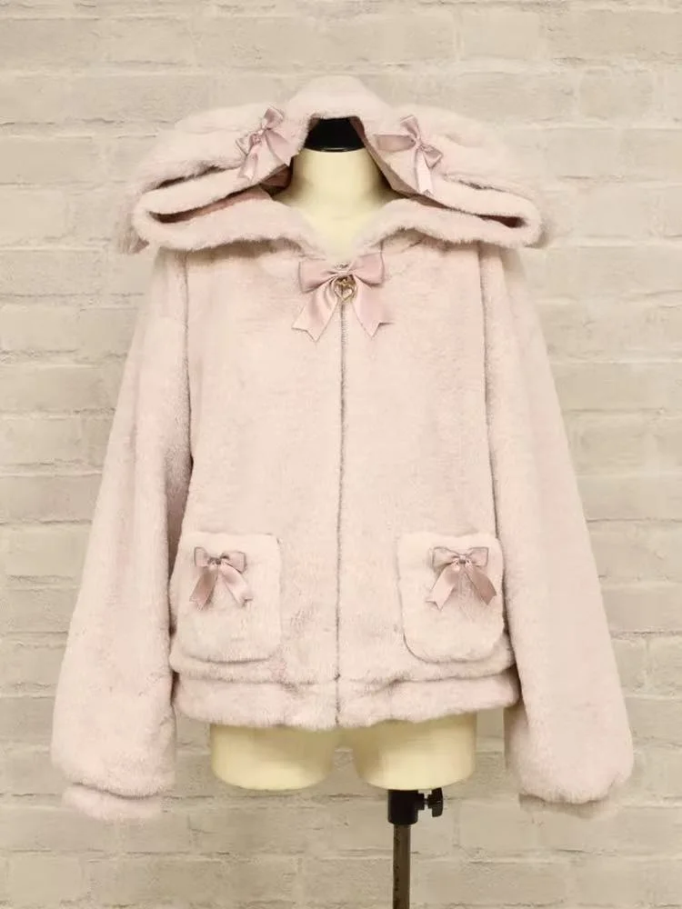 Japanese Lolita Cute Plush Hoodie Thickened Rabbit Ear Coat Autumn/winter Cute Hairball Short Top For Women