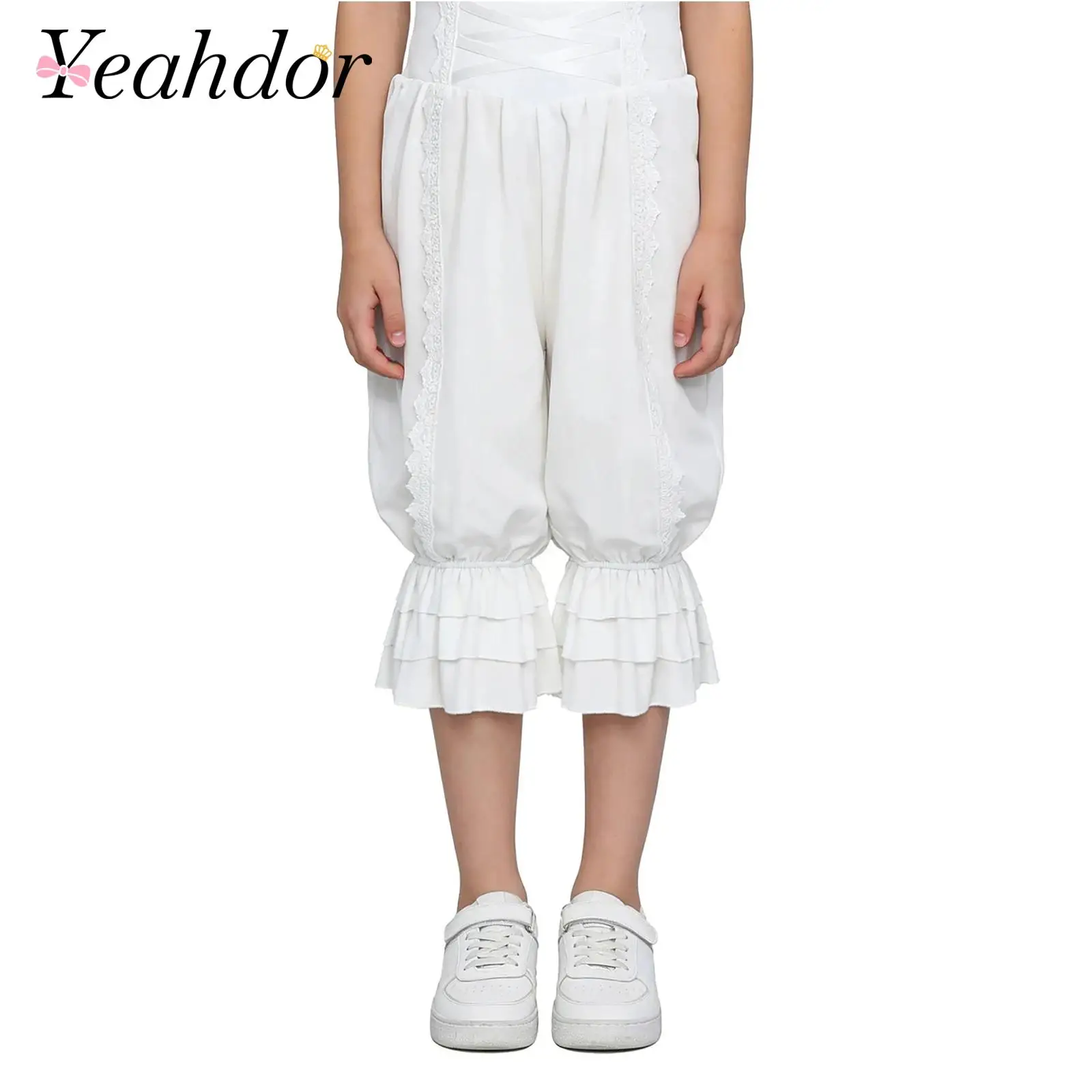 

Kids Girls Renaissance Bloomers Medieval Victorian Pants Trousers Ruffle Loose Lace Pantaloons Halloween Carnival Party Costume