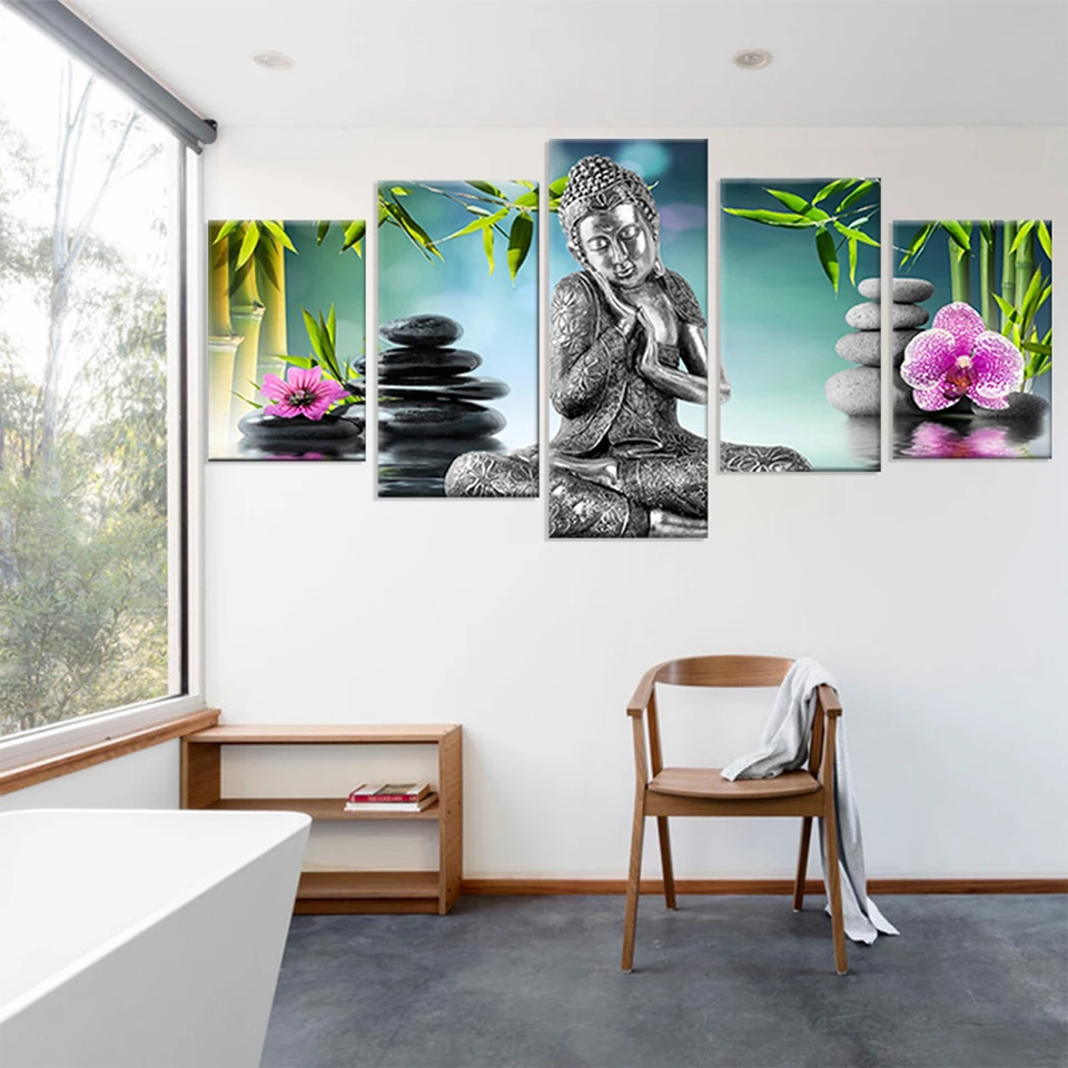 

5 Panels 5D Diy Diamond Painting Buddha Flower Fantasy Multi-Picture Combination 3D Full Diamond Embroidery Kit Art Home Decor