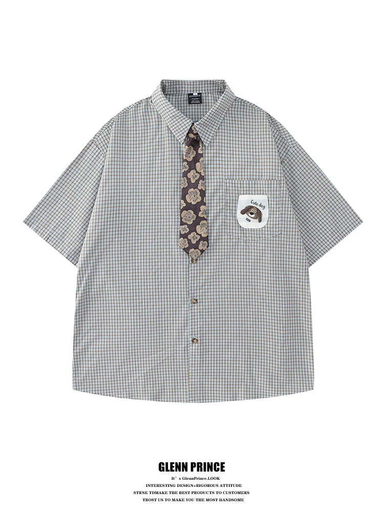 

GPstudio American Retro Dog Patchwork Short Sleeve Shirt Men Summer College Style Age Reduction Tie Shirt Cotton Breathable