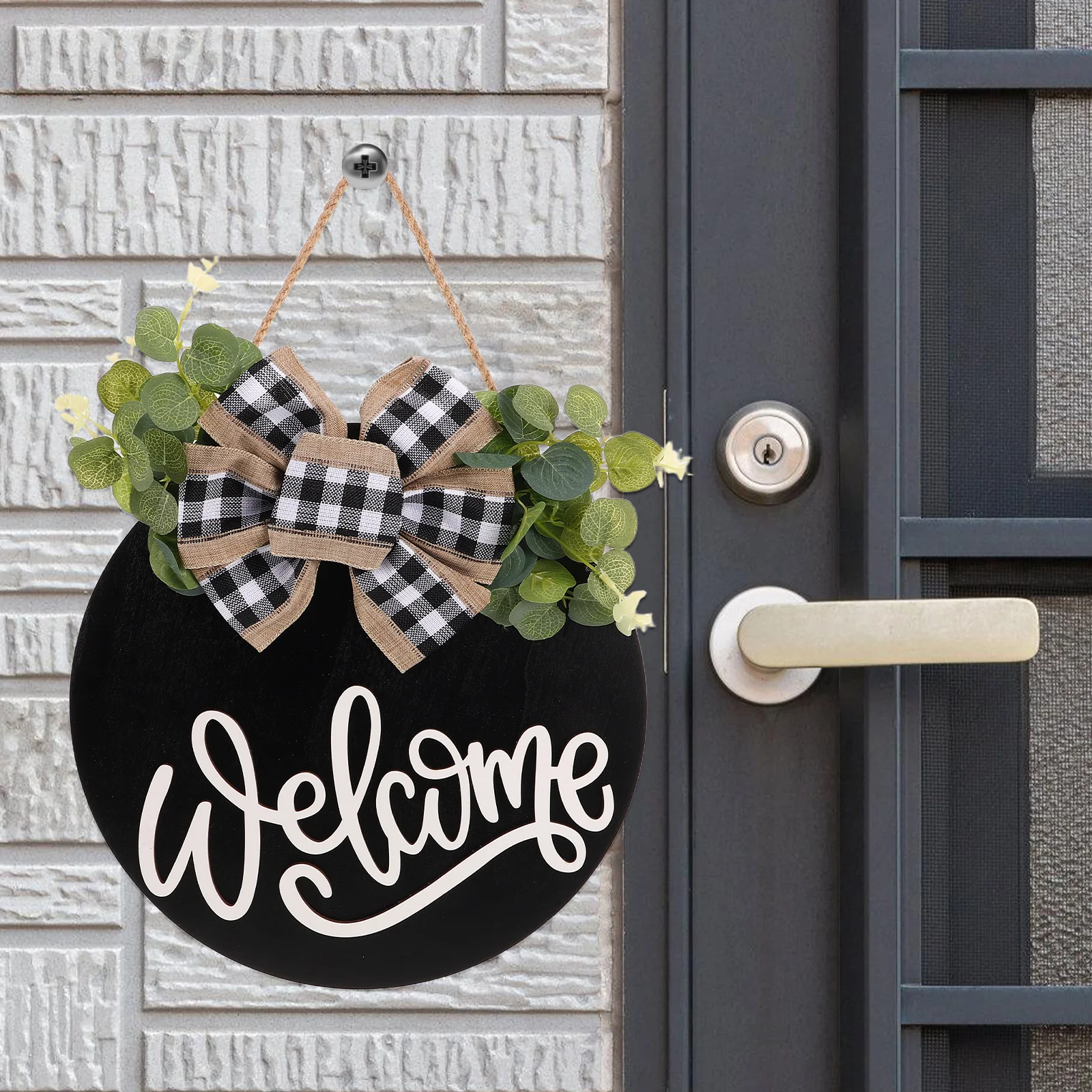 

Rustic Farmhouse Black Welcome Door Sign Round Wooden Wreath Front Door Hanging Porch Decoration Welcome Porch Sign