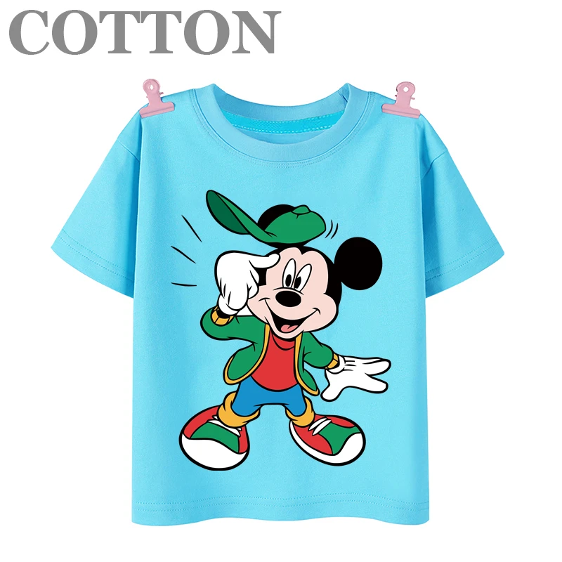 Cute Mickey Mouse Fashion Cotton Summer Boys and Girls Cartoon Casual T-shirt Round Neck Short Sleeve Anime Disney Print Pattern