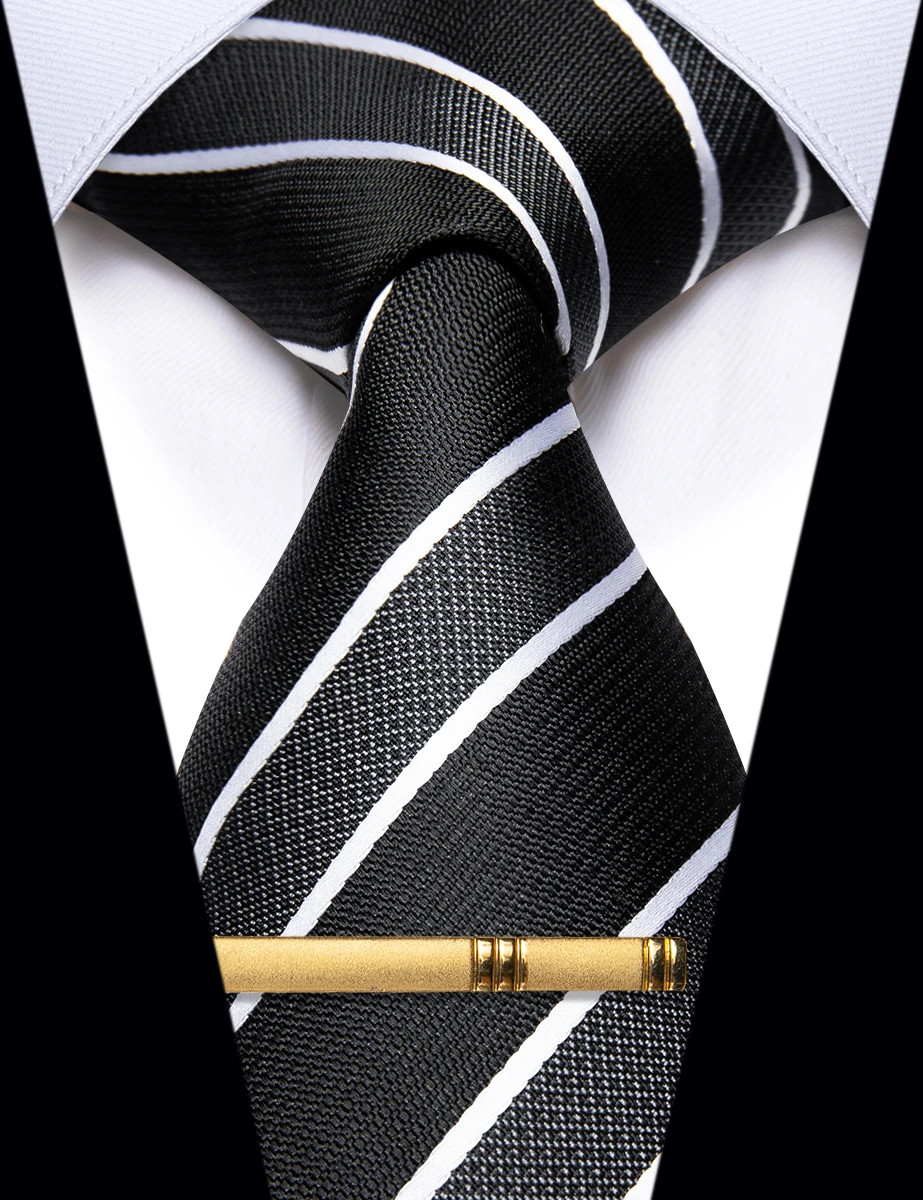 Black White Striped Tie for Man Accessories Fashion Silk Luxury Men Necktie Clip Set corbatas para hombre Holiday Gift Yourties