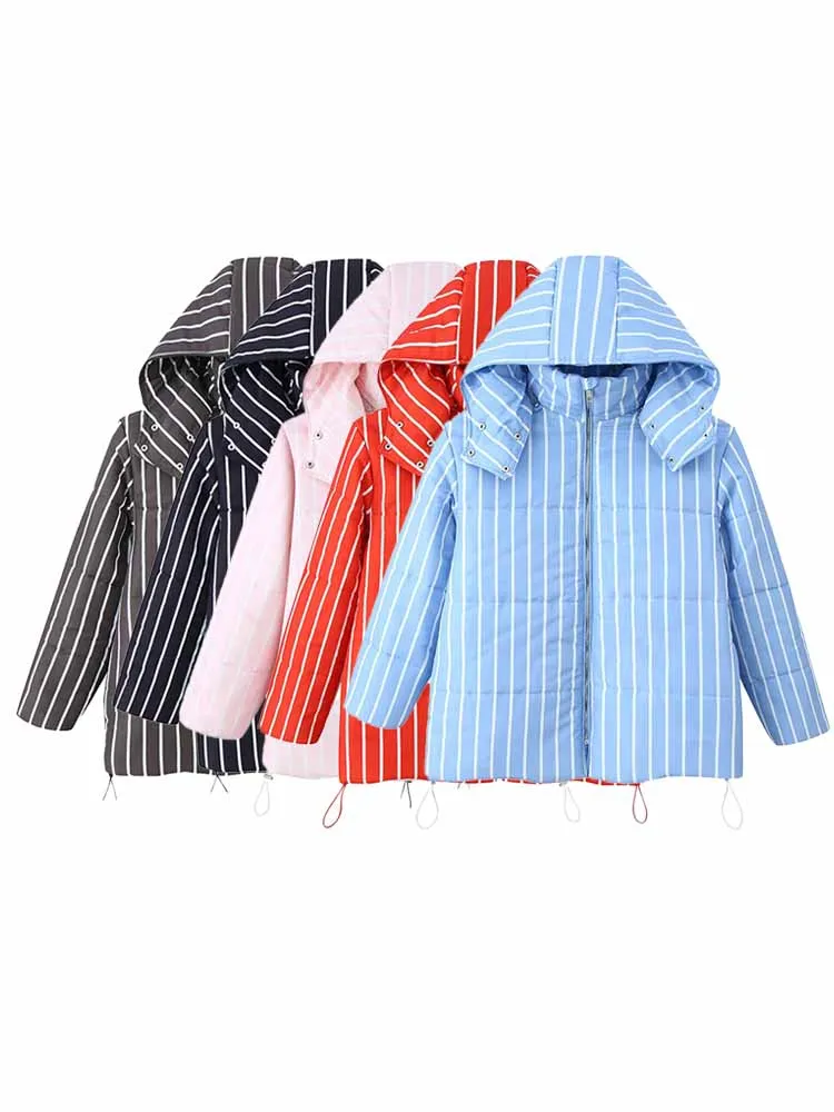 

HH Woman Winter Fashion Long Sleeves Multicolor Loose Hooded Stand Collar Striped Decoration Cotton Jacket Female Casual Coat