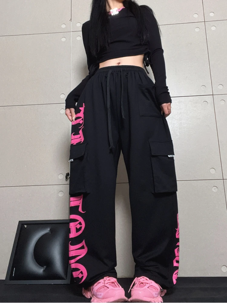 

QWEEK Y2K Korean Style Jogging Sweatpants Women Streetwear Kpop Letter Print Cargo Pants Oversize Harajuku Egirl Sports Trousers