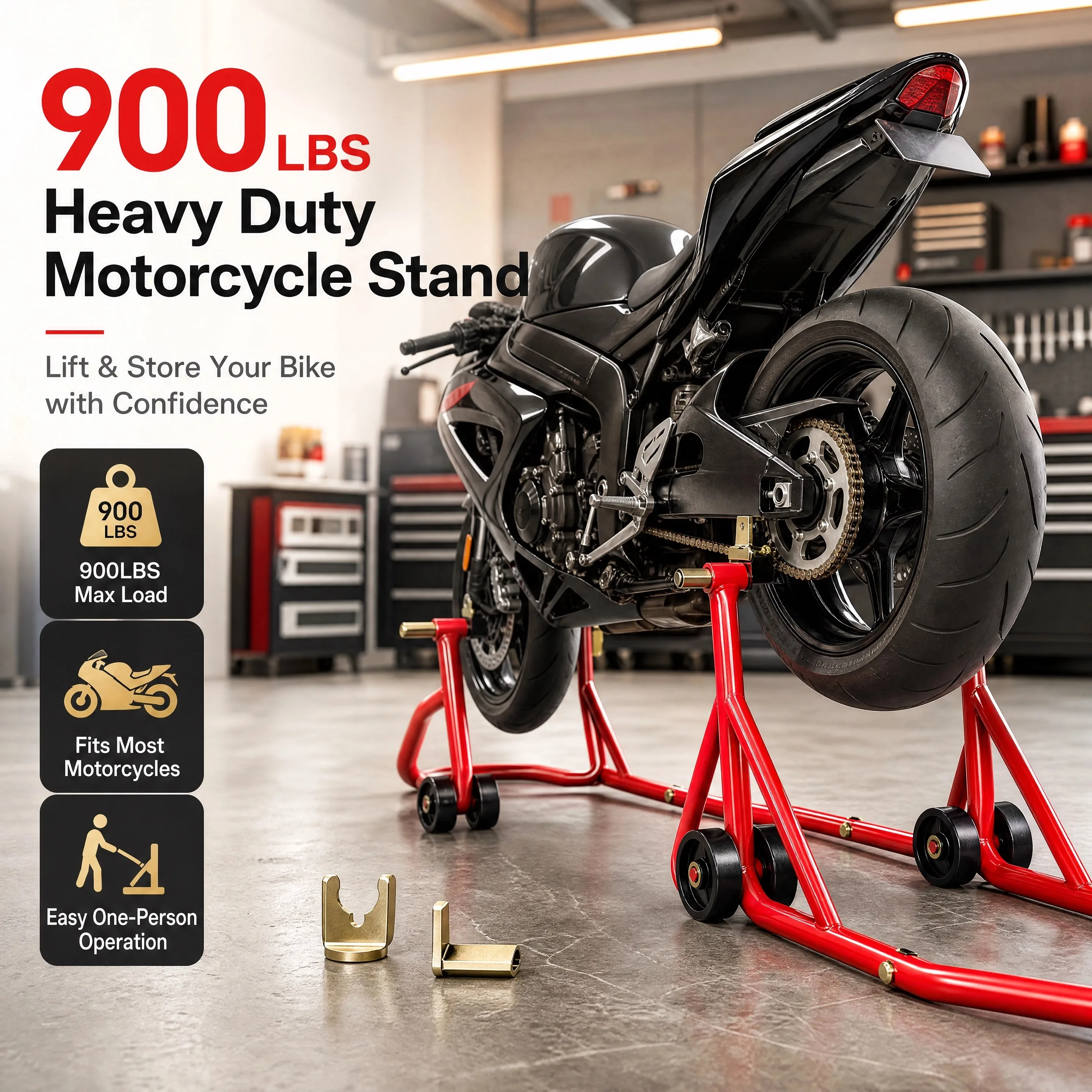 Kompletny zestaw podnośników motocyklowych (przedni i tylny) o udźwigu 408 kg (900 funtów) z wieloma adapterami, wytrzymałe, regulowane podpórki do podnoszenia motocykla do konserwacji i napraw.