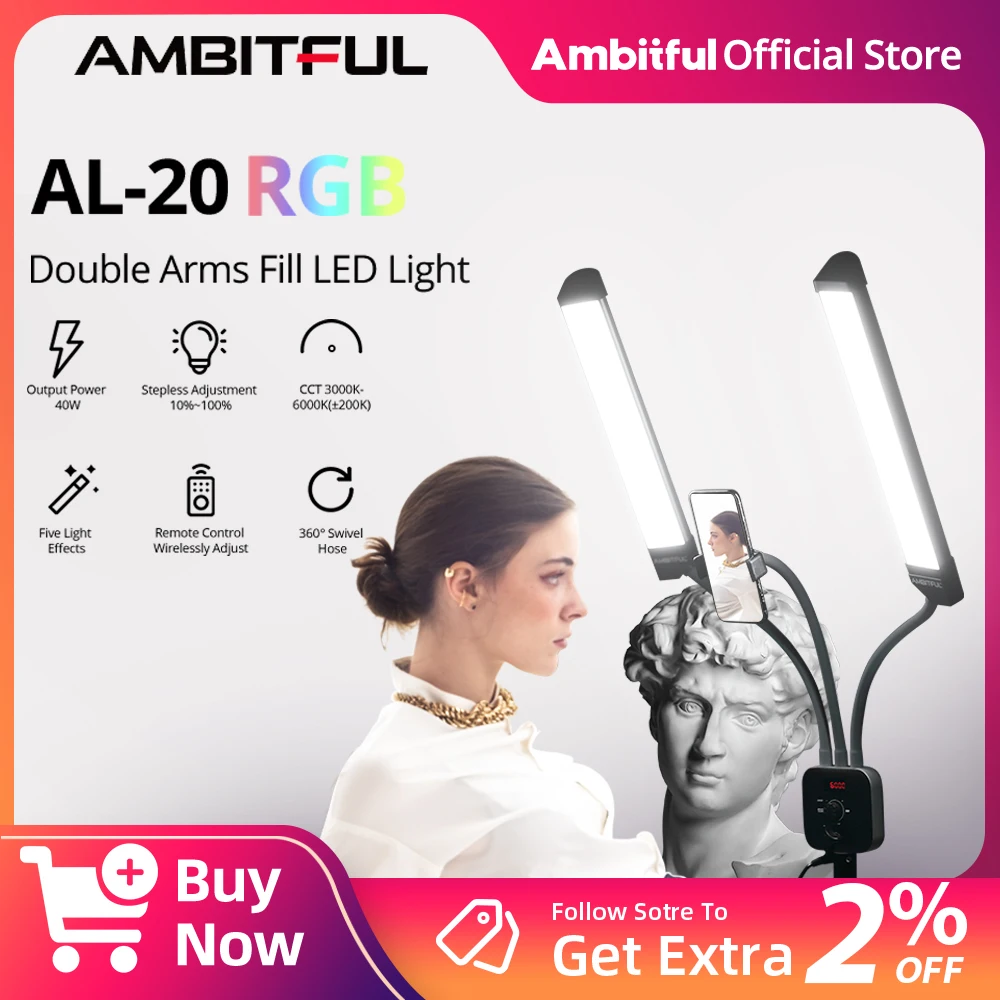 

AMBITFUL AL-20 RGB LED Light for Photo Studio Live Broadcast 40W 3000K-6000K Double Arms Fill LED Light Long Strips LCD Screen