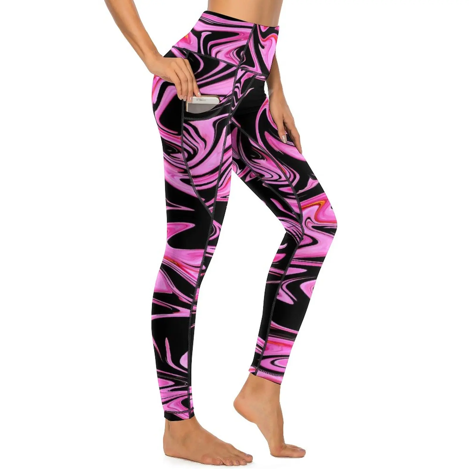 Marble Yoga Pants Pockets Pink And Black Liquid Leggings Sexy Push Up Fashion Yoga Sports Tights Stretchy Design Workout Leggins