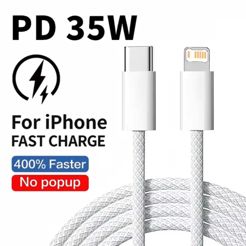 كابل شحن سريع مضفر 35 واط PD لهواتف آيفون 13 14 برو ماكس 11 12 ميني X XR XS ماكس 7 8 بلس كابلات بيانات USB-C سريعة الشحن 1 متر 2 متر - 3
