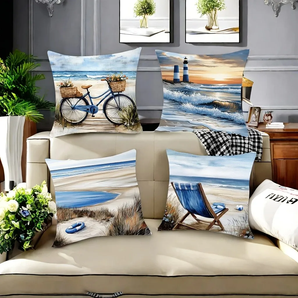 Beach Scenes: Bicycle, Lighthouse, Beach Chair Pattern Cushion Cover Suitable For Sofa Bedroom Car Pillow Cover
