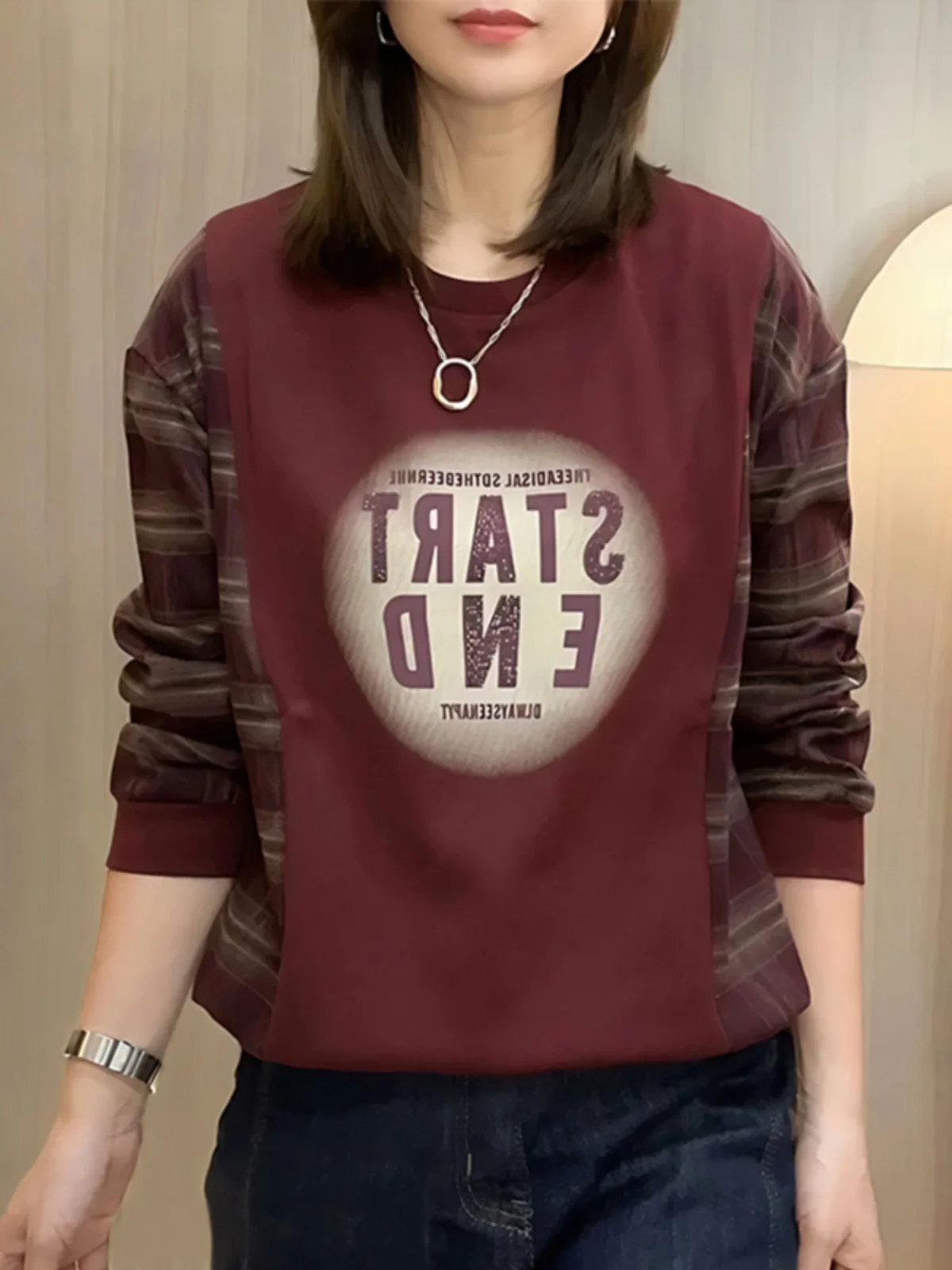 

Women's round Ne Long Sve Sweatirt Pure Cotton Plaid Splicing Base irt Letter Print Korean Sle Spring Autumn