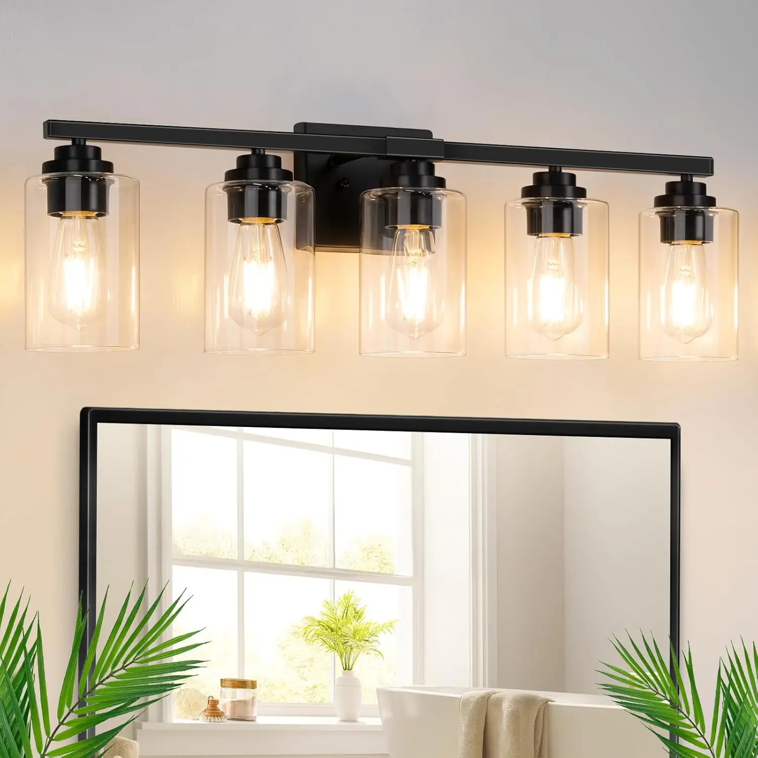 

31" Matte Black Vanity Light with 5 Clear Glass Shades, Modern Bathroom Fixture for Mirror Living Room Bedroom