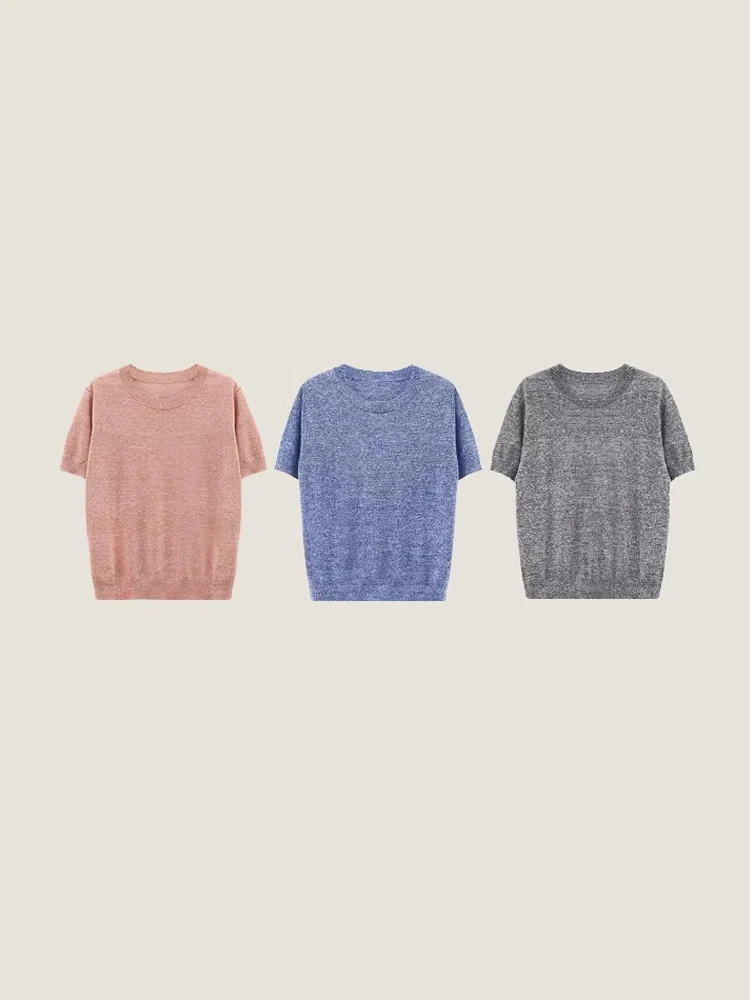 

Loose Fit Luxury Linen Wool Blend Knitted T-Shirt Textured Floral Weave Sensation Casual Style Women's Regular Fit Short Sleeve