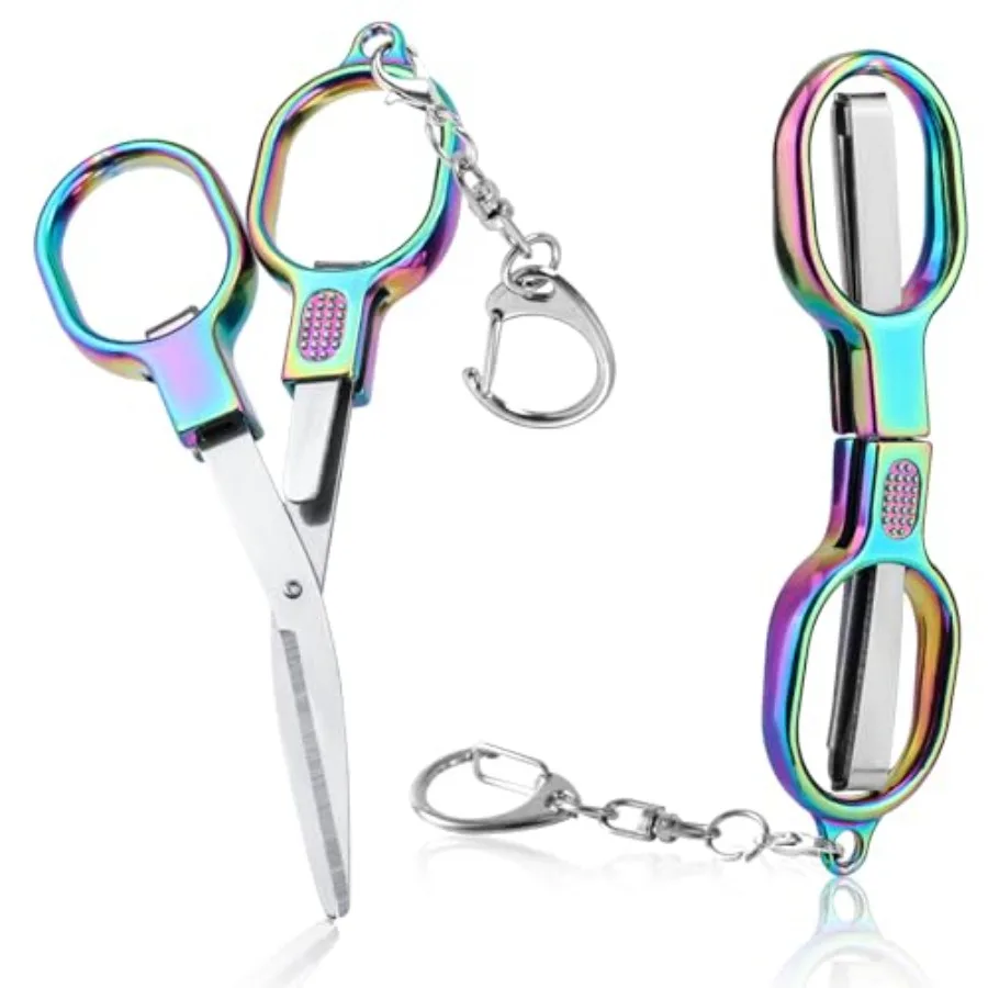 

2pcs Mini Folding Scissors Portable Small Travel Foldable Cutters with Tiny Metal Key Ring Safety Retractable Badge Stainless S