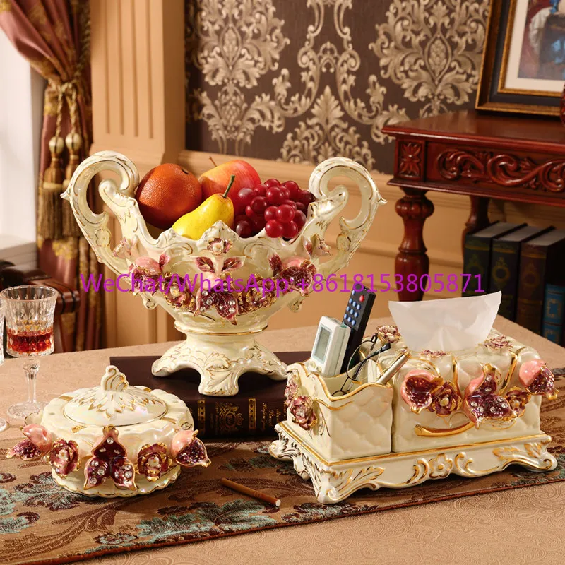 European fruit plate set, luxury and creative, modern living room household tissue box, ceramic fruit plate three pieces