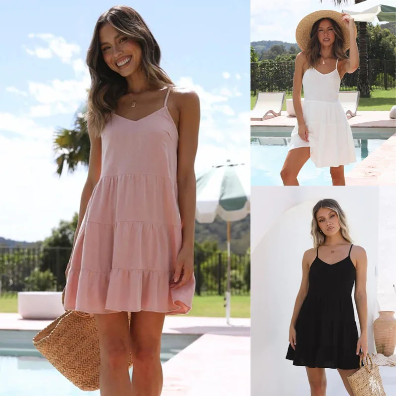 Vestido suspensor de cor sólida com decote em V de verão