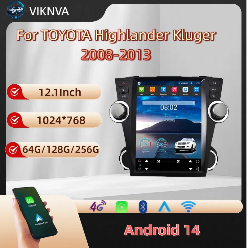 12'' Android 14 Car Radio Tesla Screen GPS Multimedia Player  For TOYOTA Highlander Kluger 2008 - 2013  Carplay  Auto Head Unit