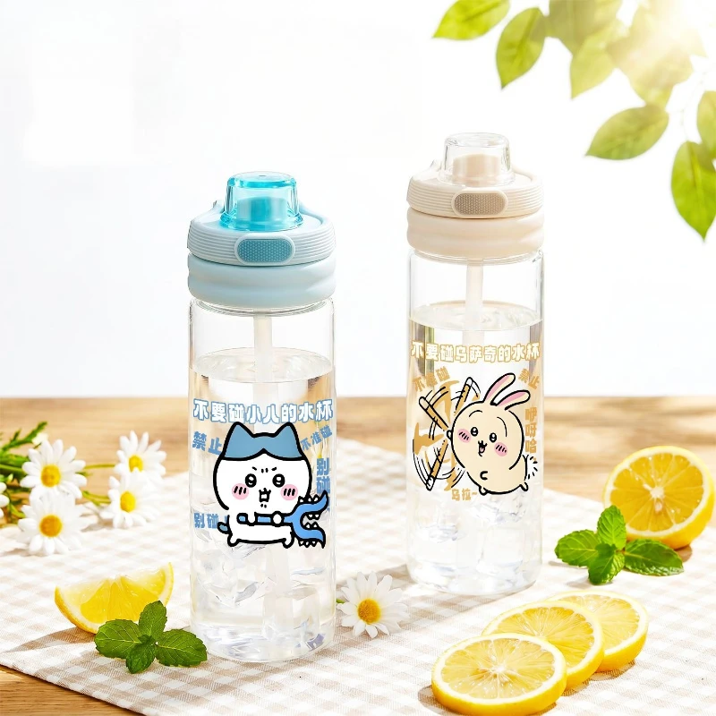 Anime Cartoon Kawaii Chiikawa Water Cup Portable Double Drink Straw Hand Strap Leak Proof Resistant To Falling Large Capacity
