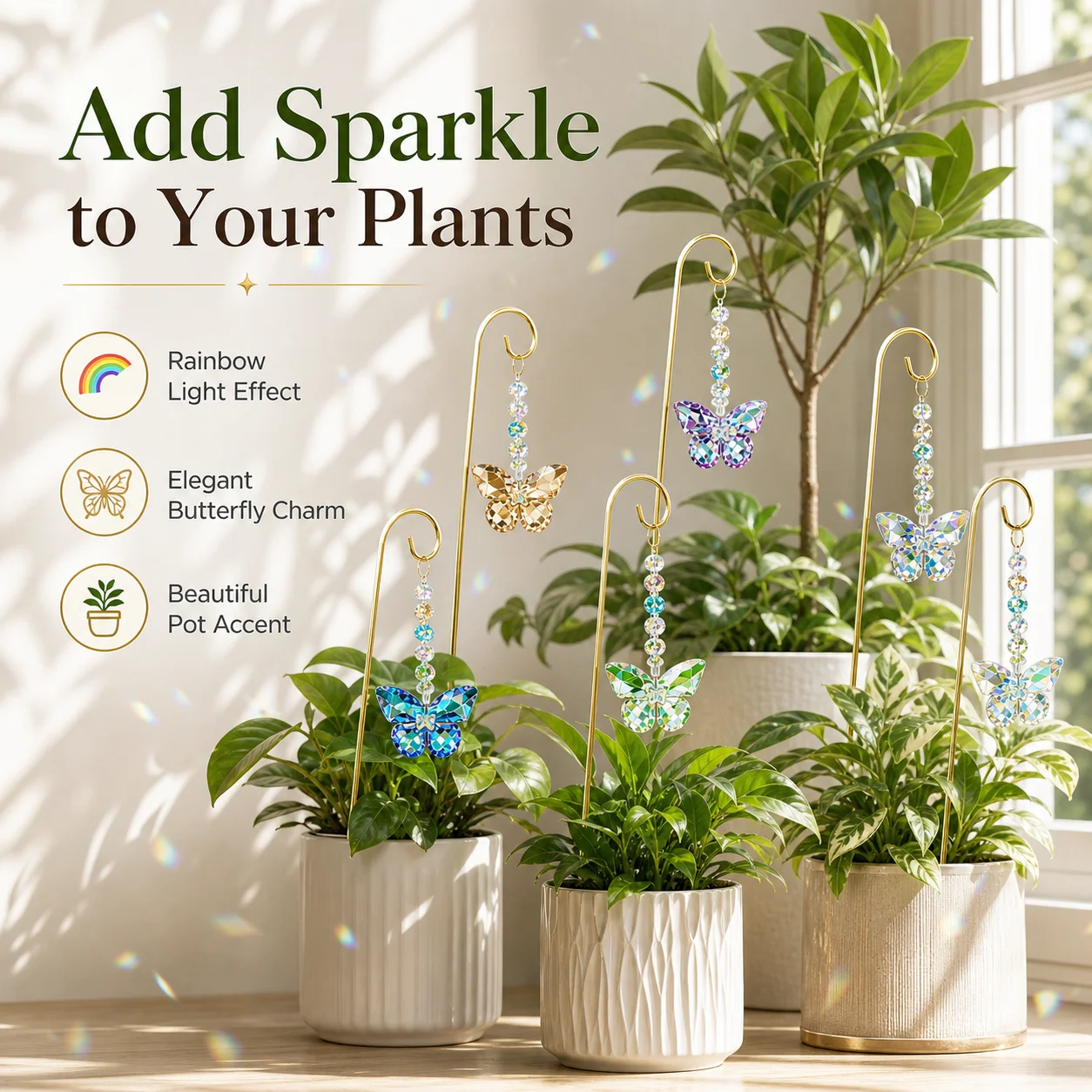 6Pcs Crystal Butterfly Plant Stakes, Rainbow Suncatcher Garden Pot Decor for Indoor Plants, Planters, Home Gift