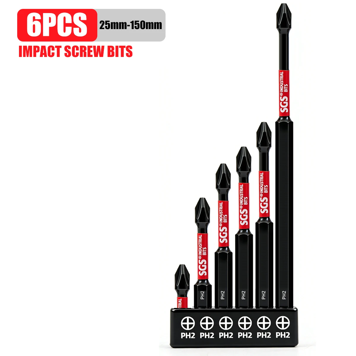 Titan Impact Juego de 6 puntas de impacto magnéticas universales Ph2, tamaños largos de 25/50/65/75/90/150 mm, material de acero de alta resistencia S2, vástago hexagonal universal de 1/4 ", compatible con destornilladores y taladros eléctricos, juego de 