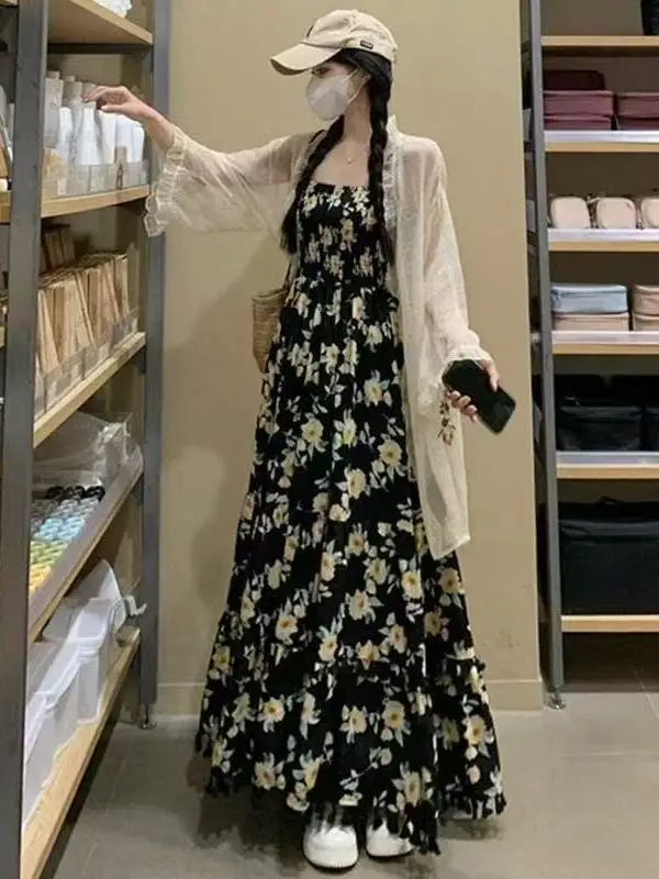 

Elegant High Waist Floral Print Maxi Dress And Cardigan Thin Veil Summer Fashion Set for Women 18-25 Years Old V-Neck Long Sl...