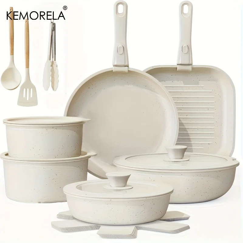 KEMORELA 20PCS Removable Handle Nonstick Pots and Pans Set Induction Kitchen Cookware Set with Detachable Handle PFOA Free