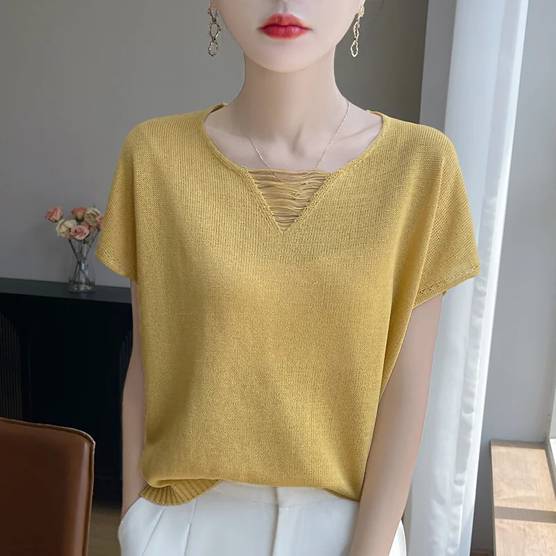 

2025 Summer New Candy-Colored Knitwear Hollow V-neck Knitwear Short-Sleeved Loose Bottoming Shirt For Women