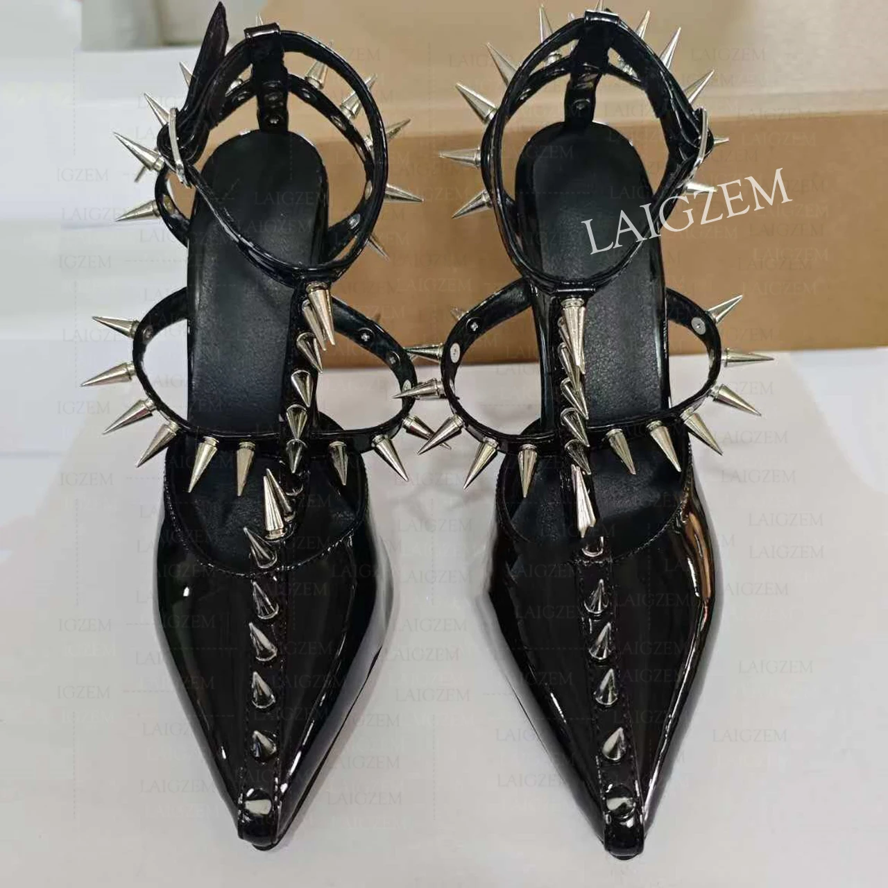 

ZHIMA Women Pumps Pointed Toe Studded Thin High Heels Sandals Shiny Party Prom Handmade Ladies Shoes Woman Big Size 39 43 45 47
