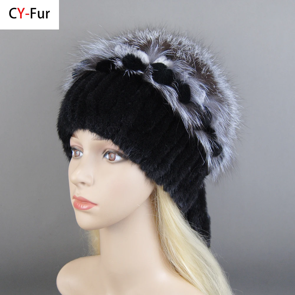 

2025 Women Beanies Knitted Luxury Flower Real Mink Fur Beanies Hats Real Silver Fox Fur Hat Female Natural Mink Fur Winter Hats