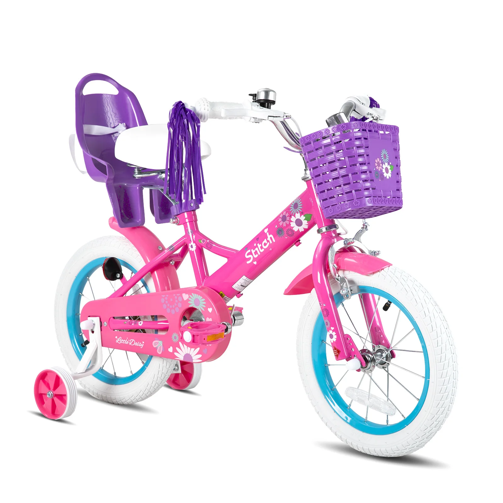 STITCH Kinderfahrrad für Mädchen und Jungen im Alter von 2–7 Jahren, 12 14 16 Zoll Mädchenfahrräder mit Puppenfahrradsitz und Luftschlangen, Fahrradkorb