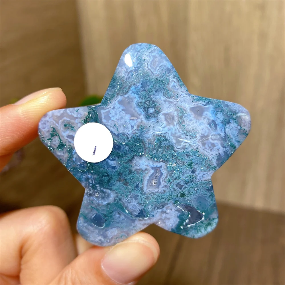

Natural Hand Carved Crystal Moss Agate Stars Shape Carving Healing Stone Green Moss Agate Love Statuette Home Decoration Gifts