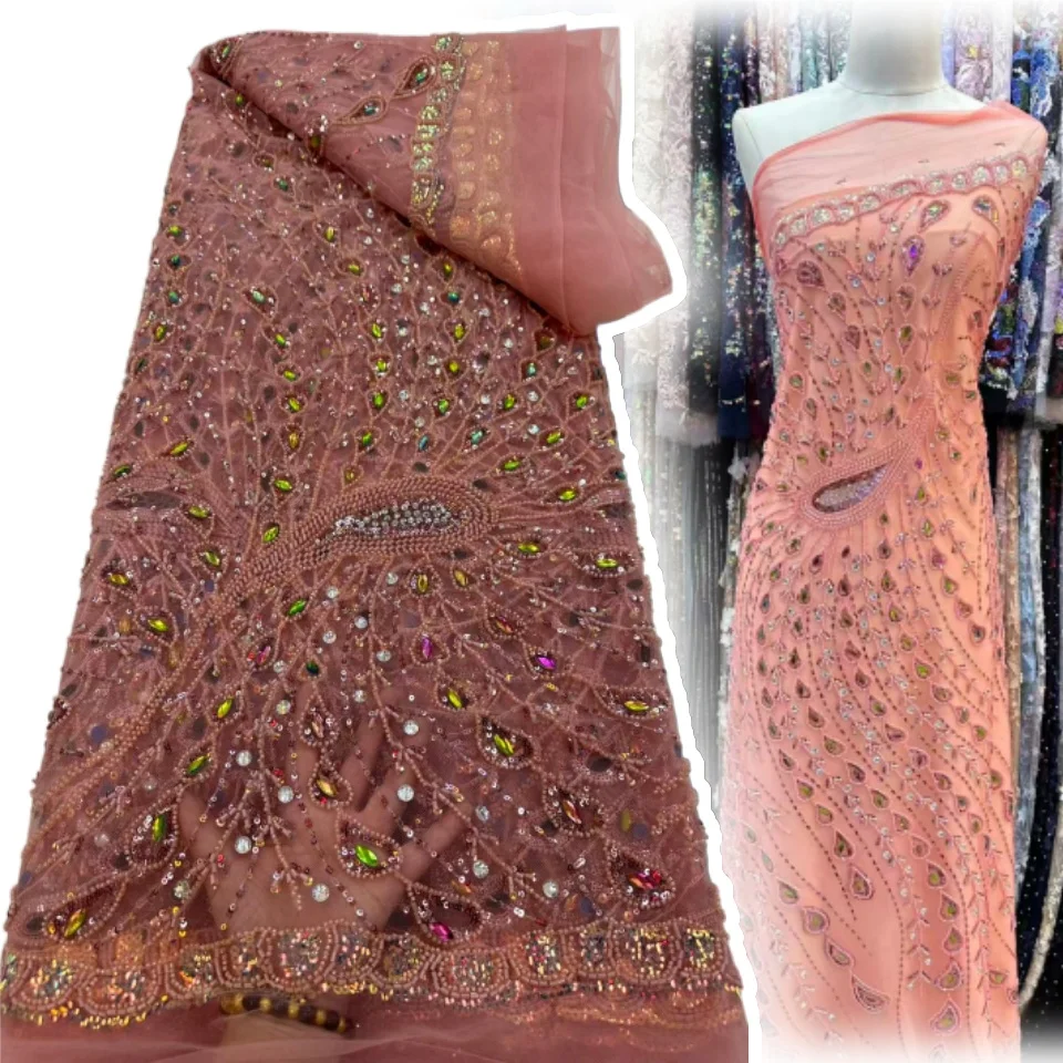 ผ้าลูกไม้ปักลายลูกปัดหนักแบบแอฟริกัน ประดับเลื่อมลายเรขาคณิต คุณภาพสูง 5 หลา สำหรับชุดเจ้าสาวและชุดราตรี รุ่น TP1544