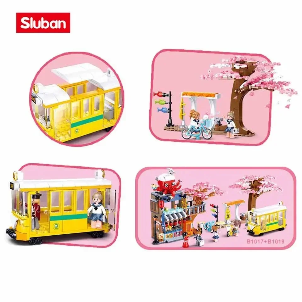 Sakura Tree Tram Station importer décennie ks, Bus, Train Platform, City View Model Bricks Set with Figures, Kids DIY Toys Gifts, 347PCs