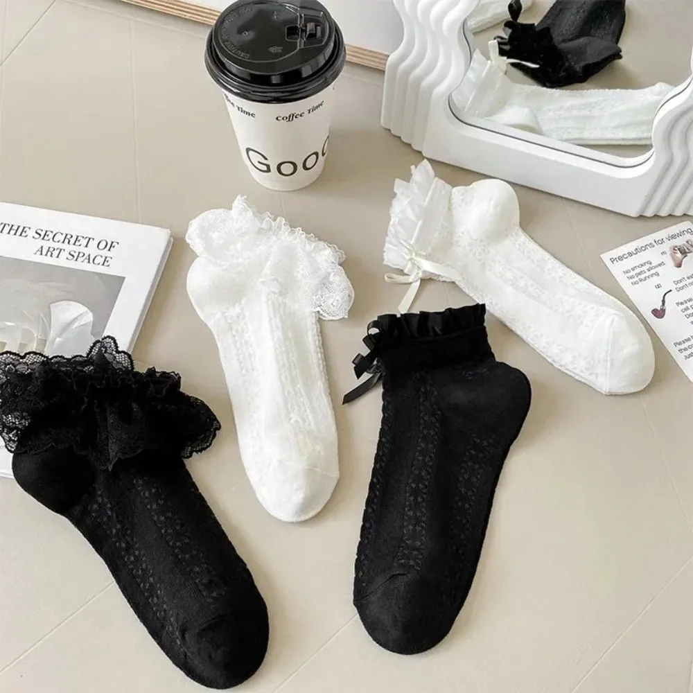 1 pair Sweet Hollow Out Mesh Short Socks Breathable Black White Ruffle Lace Socks Thin Princess Bow Socks Women Girls