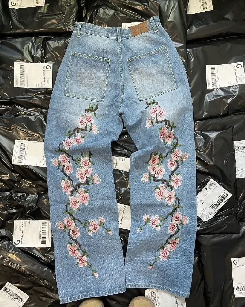 Y2K baggy jeans spray white washed casualwear retro Harajuku cherry blossom embroidery pattern men women high street floor pants