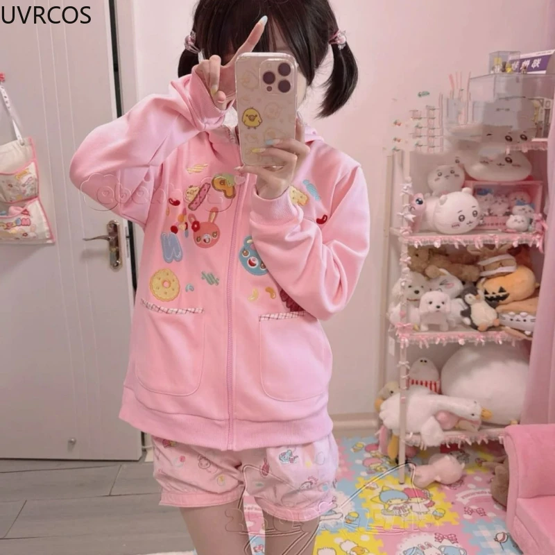 الوردي Kawaii منقوشة هوديس معطف اليابانية 2025 الملابس النسائية Y2k سستة طويلة الأكمام مقنعين الكرتون نمط جيب بلوزات