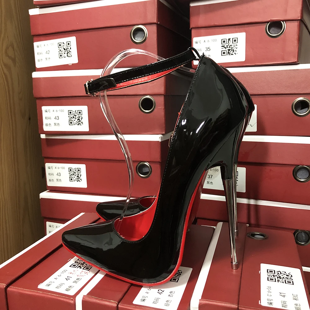 16cm Extreme High Heels Women Black Pointy Toe Stiletto Pumps Sexy Night Club Ankle Strap Fetish Model Dance Man Crossdresser