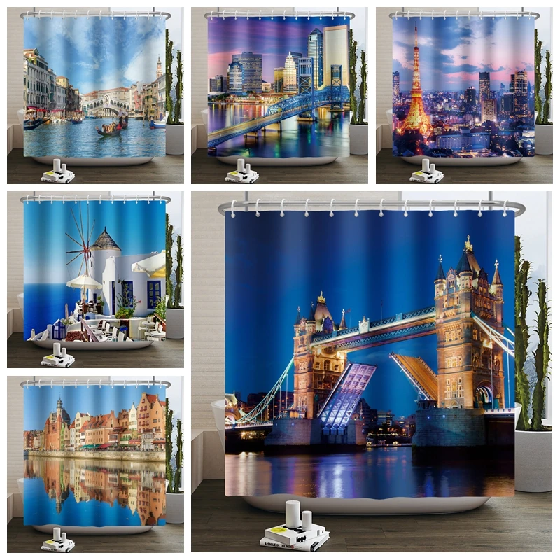 

3D Printed Rural Garden Landscape Shower Curtain Buildings Night Scenery Bridge Waterproof Bath Curtains Polyester Bathtub Cloth