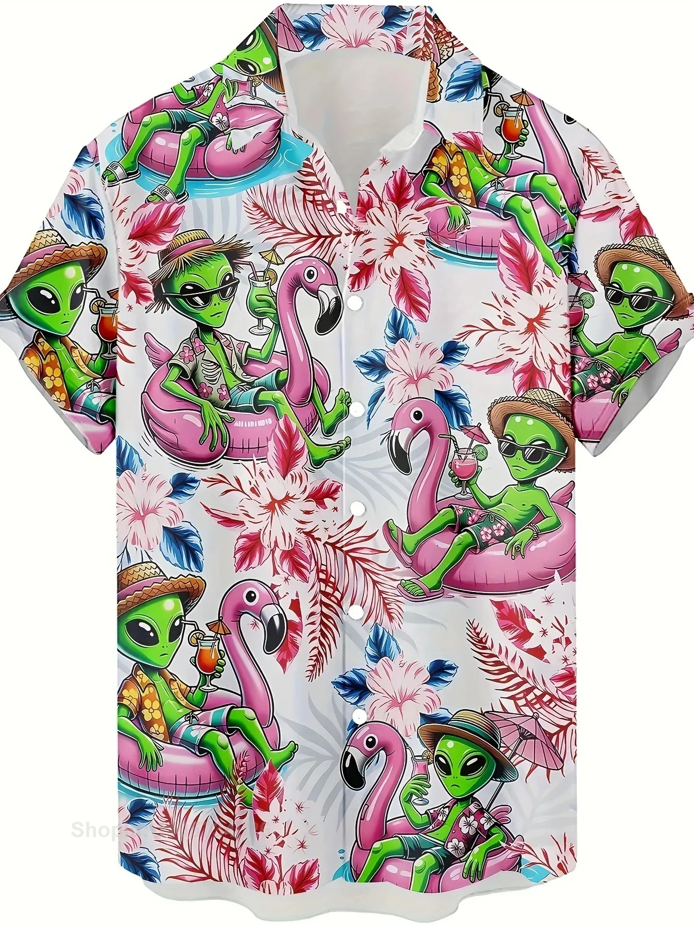 Men's Tropical Alien Swim Print Hawaiian Shirt - Short Sleeve, Button-Up, Lightweight Polyester Blend, Fun Summer CasTee