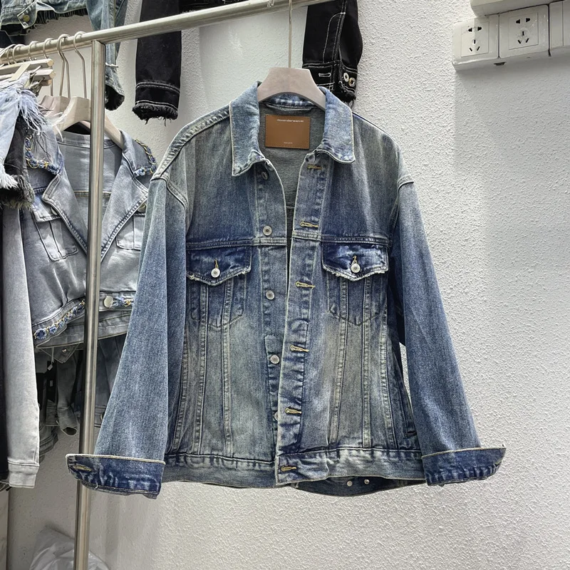 

European Trendy Brand Hong Kong Style Denim Jacket Women's 2023 Autumn New Retro Old Washed Loose Versatile Jacket Top