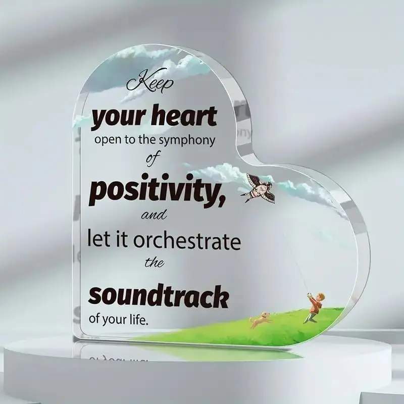 Motivational Life Quote Clear Acrylic Heart Ornament, Cheerful Scenery Art Encouragement Gift
