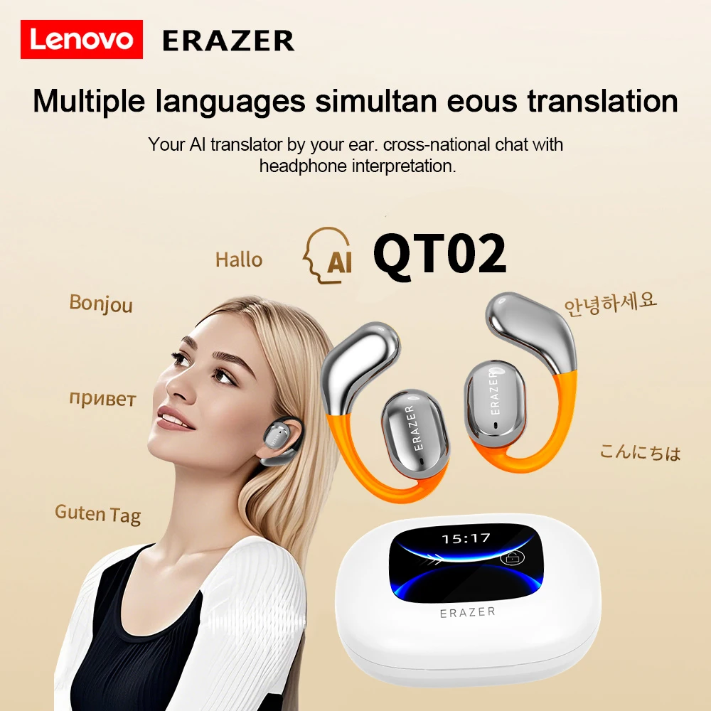 Наушники Lenovo Al Translation с зарядным чехлом с сенсорным экраном, умный голосовой помощник, подвесные наушники Bluetooth 5,4 ERAZER QT02