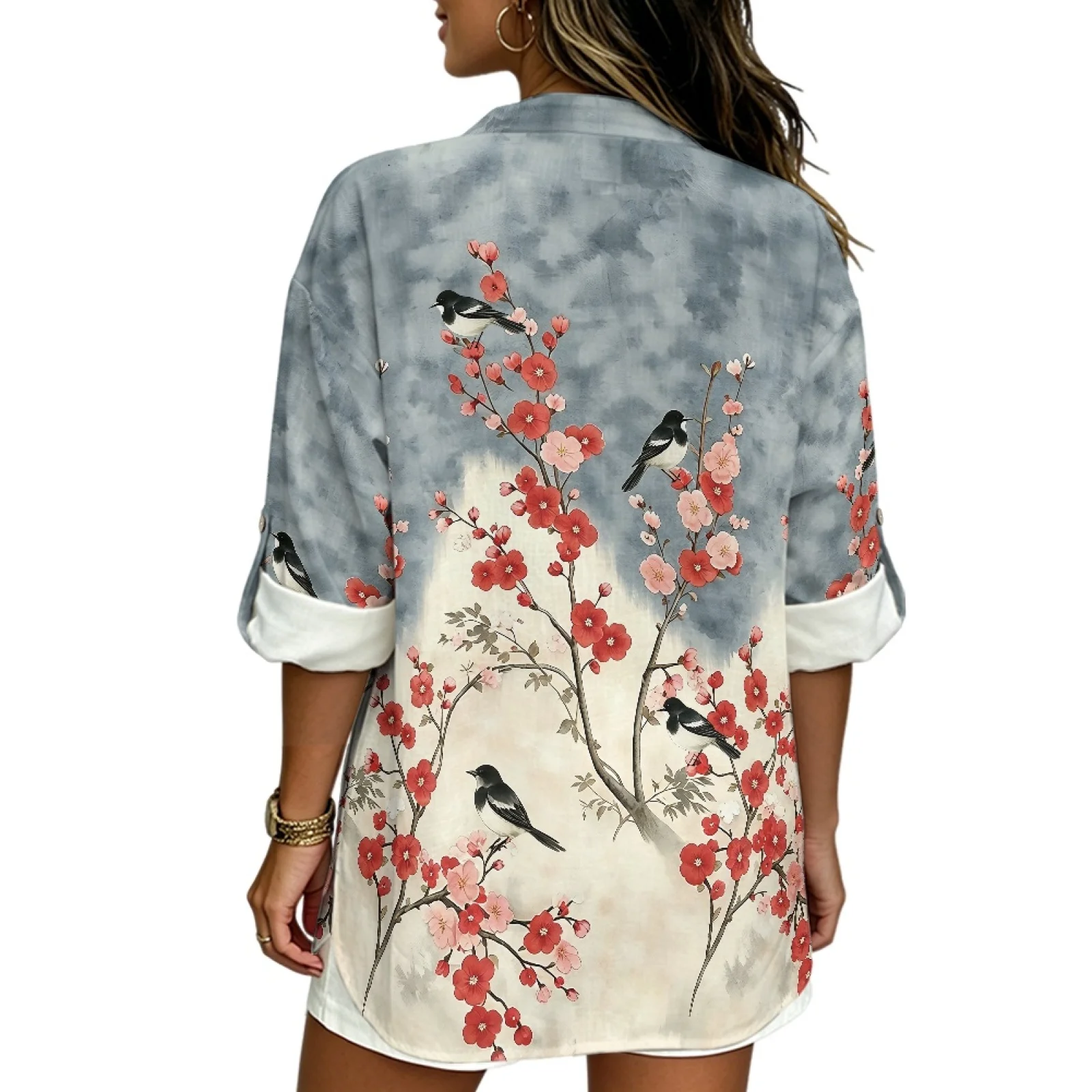 PENSTROLL Bird Floral Print Linen Like V Neck Blouse for Resort Gatherings 3/4 Sleeve Blouses Shirts Tunic Shirts