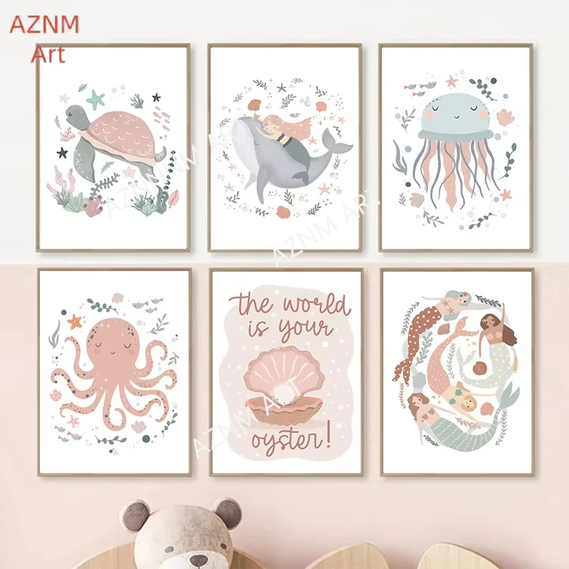 1pc Ocean Whale Sea Turtle Mermaid Nursery Wall Art Canvas Painting Pink Cute Animal Posters Pictures for Baby Room Home Decor
