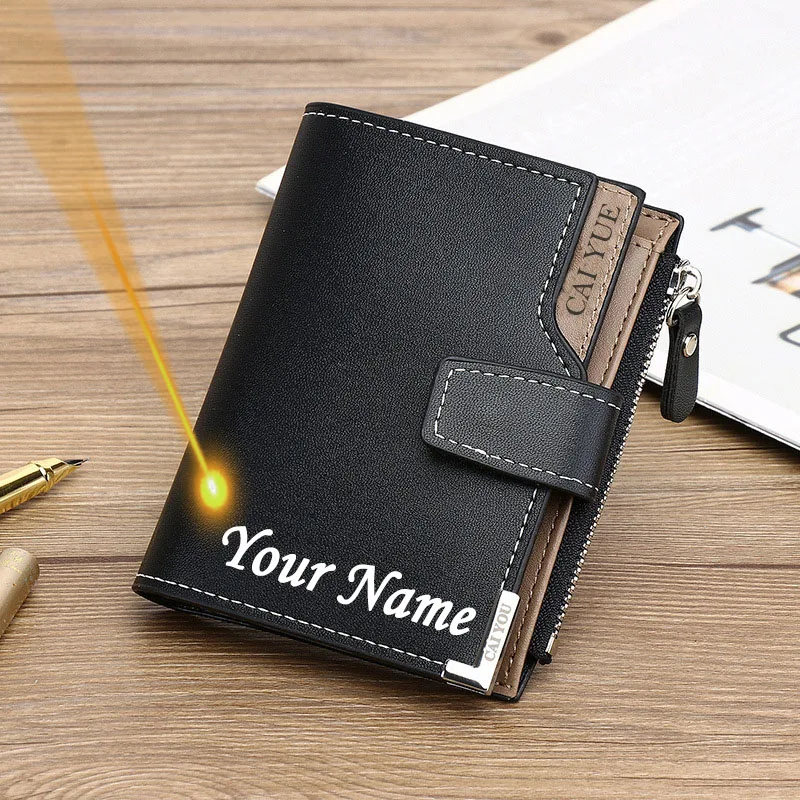 Custom Name Short Luxury Men Wallets Engraved Name Men's Purse Zipper Coin Pocket Card Holder Personalized Gift for Him Birthday