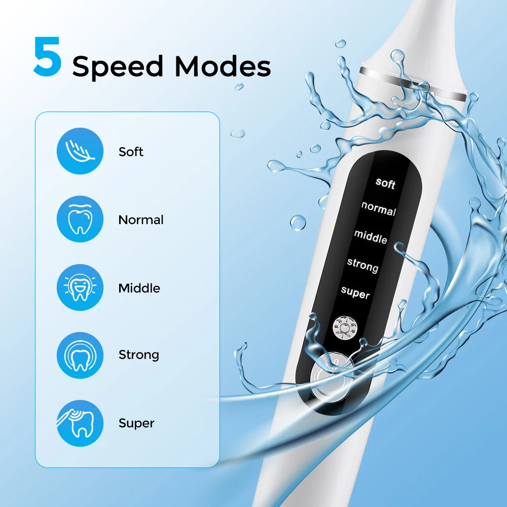 Electric Tooth Polisher Teeth Whitening Cleaner 5 Speed Modes with 6 Brush Heads LED Light Plaque Dental Tartar Remover Recharge