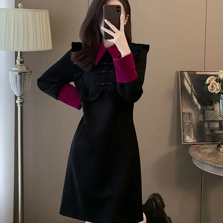 Novo estilo chinês vestido de botão feminino outono inverno coleção emagrecimento e elegante bela camada inferior sob vestidos